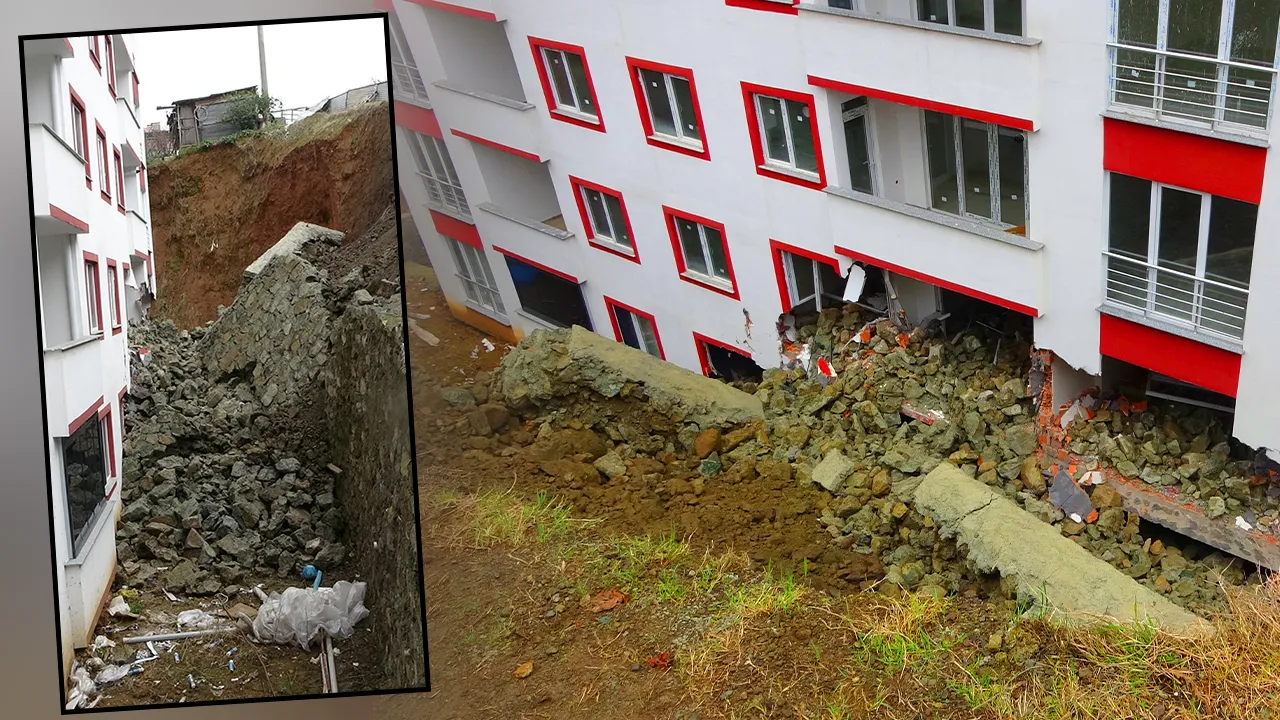 Trabzon’da İstinat Duvarı Çöktü, 9 Katlı Bina Zarar Gördü